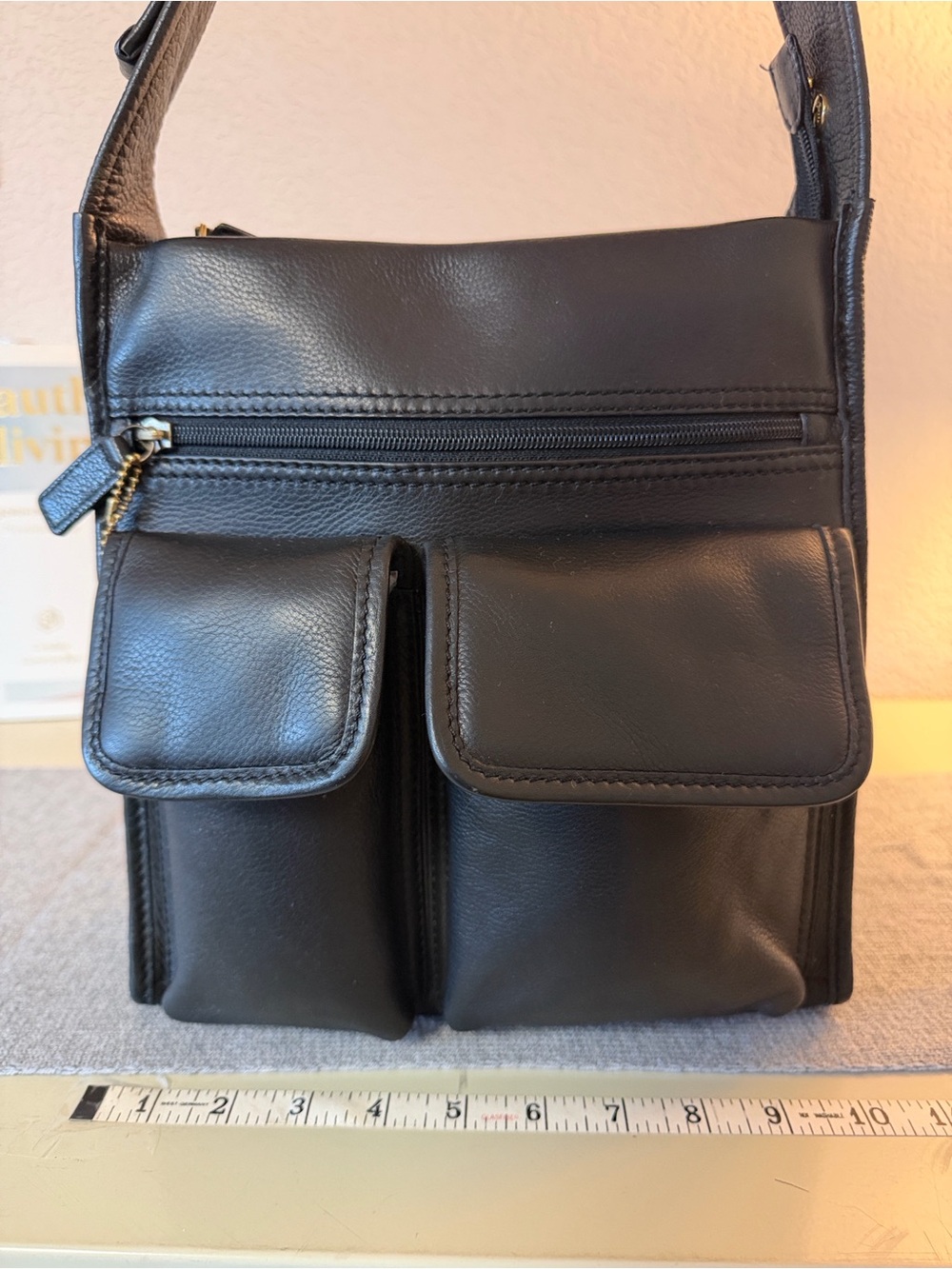Fossil Black Leather Messenger Crossbody with Dual Front Pockets